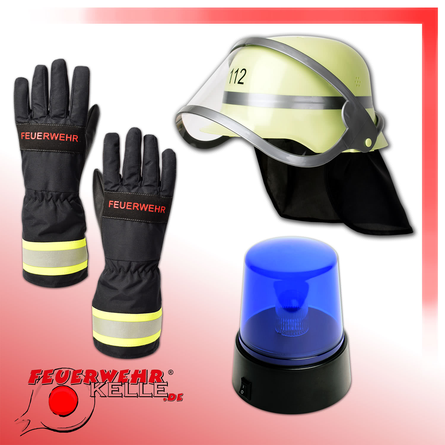 Feuerwehr Mega Set 3-teilig Handschuhe & Wasserspritze Karneval Helm 
