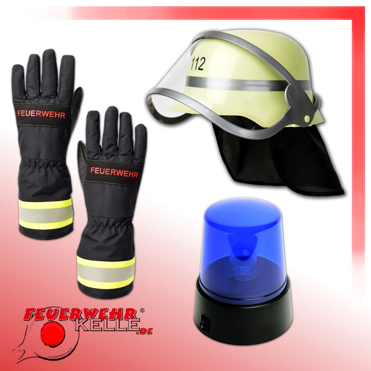 Helm Feuerwehr Mega Set 3-teilig Handschuhe & Wasserspritze Karneval 